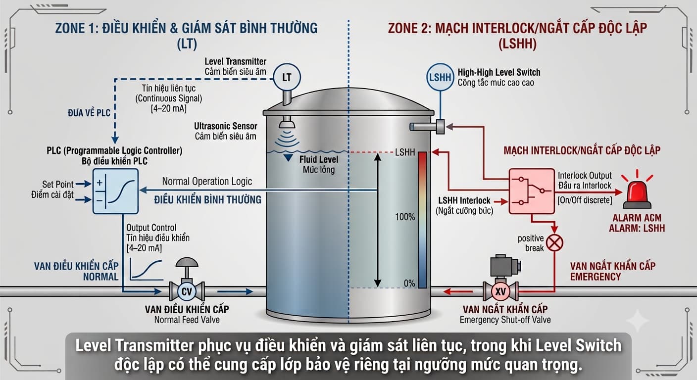 Kết hợp Level Transmitter và Level Switch độc lập để bảo vệ mức cao cao