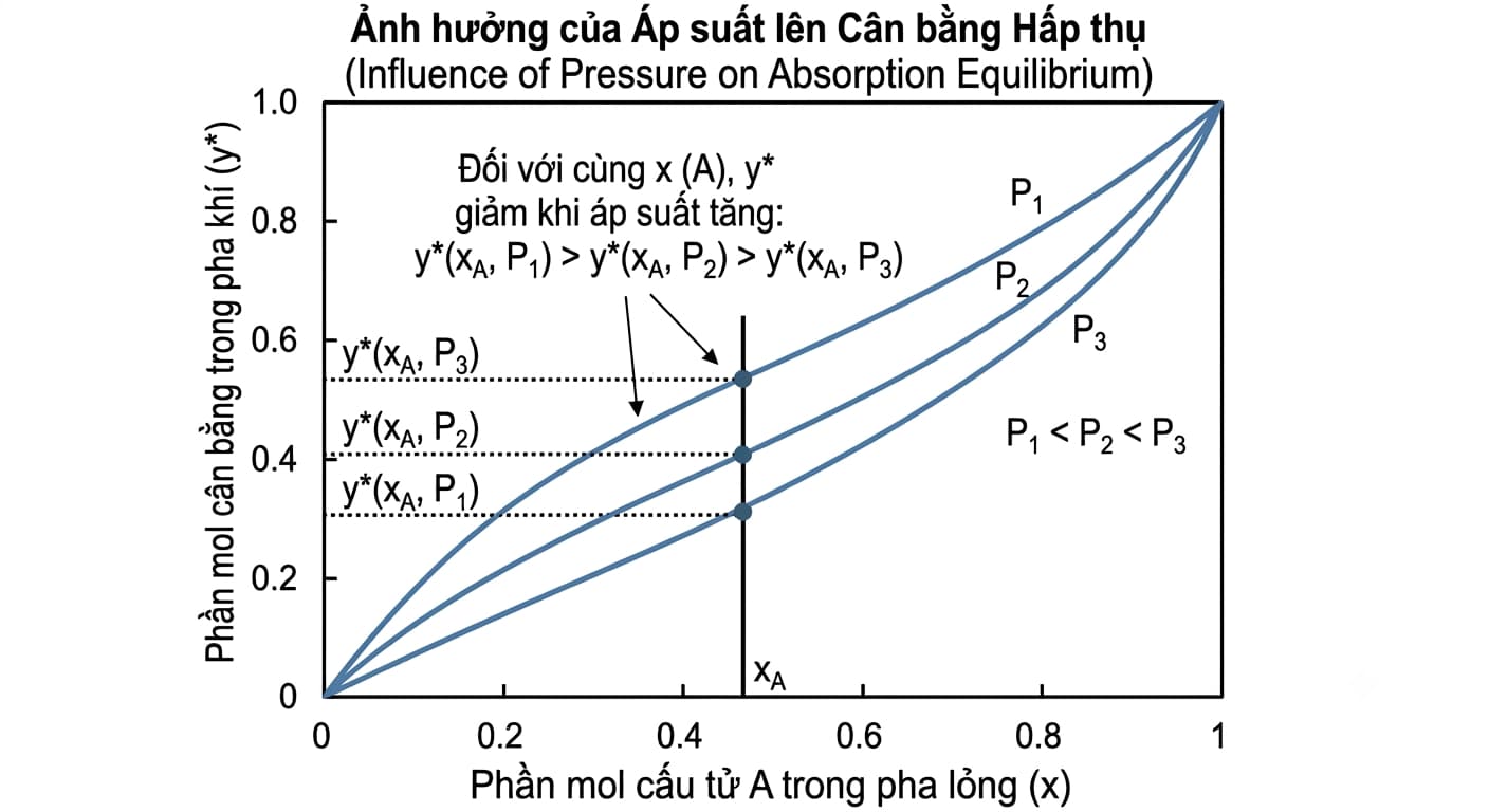 Ảnh hưởng của áp suất đến đường cân bằng trong quá trình hấp thụ khí.