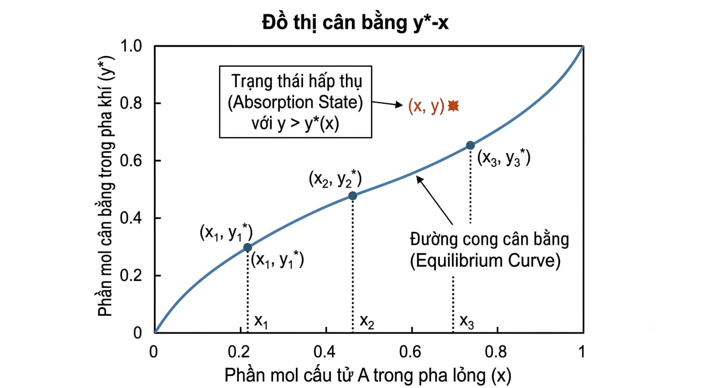 Đường cân bằng khí lỏng y sao theo x trong quá trình hấp thụ khí.