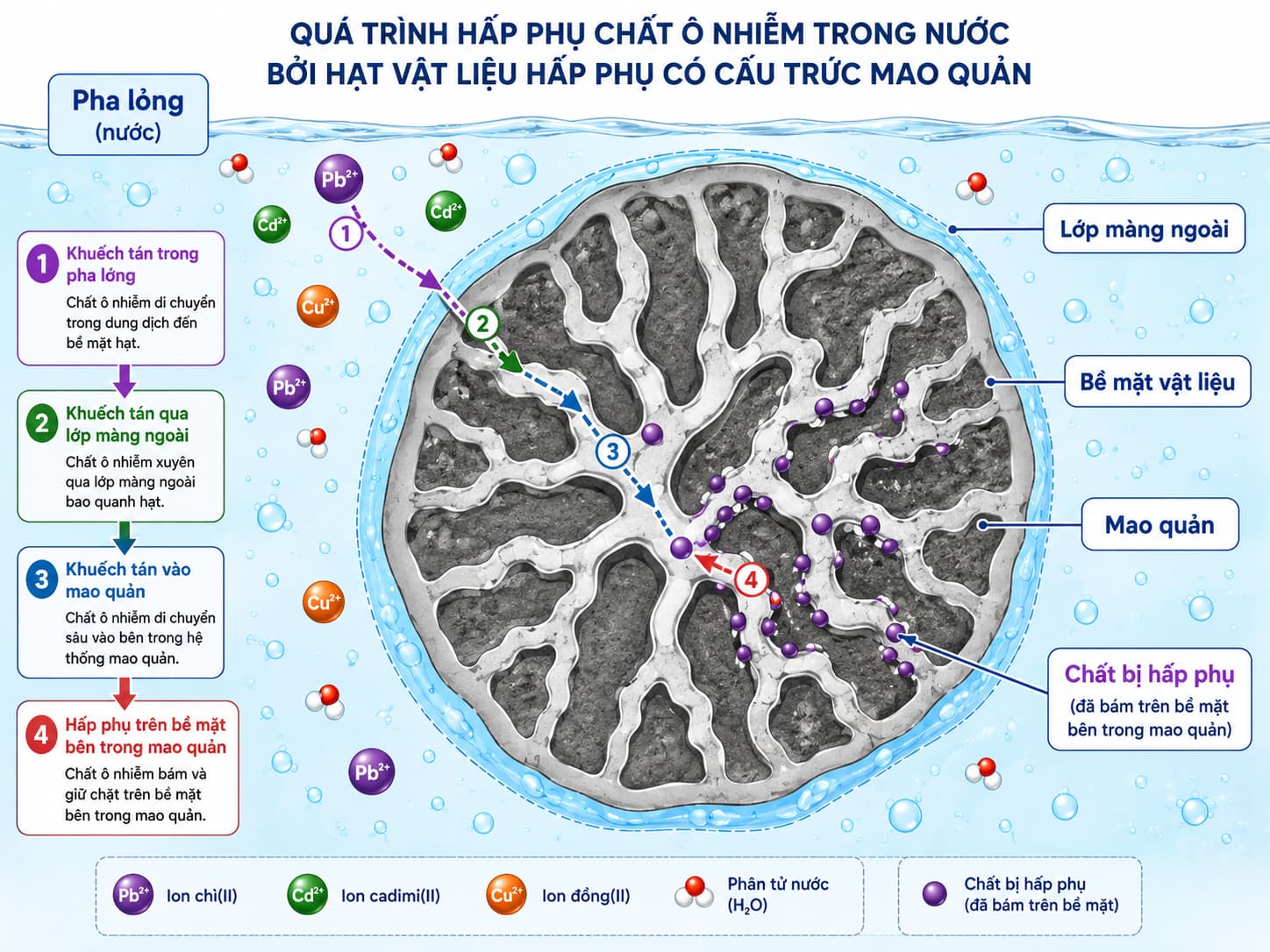 Quá trình chất ô nhiễm từ dung dịch di chuyển và hấp phụ trên bề mặt vật liệu xốp