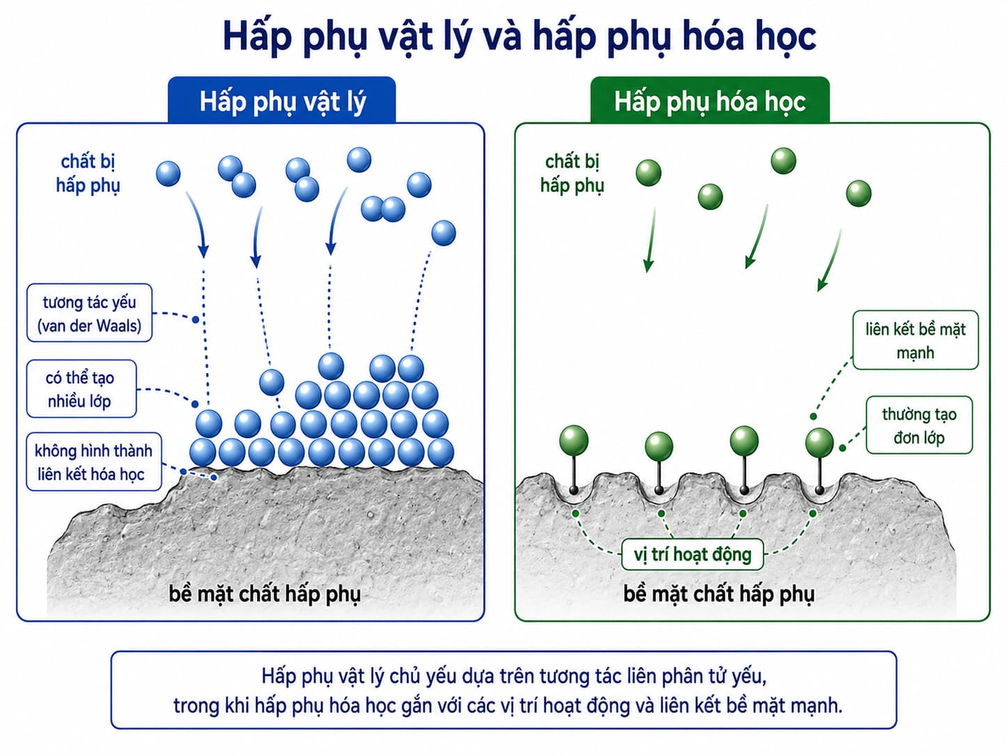 So sánh cơ chế hấp phụ vật lý và hấp phụ hóa học trên bề mặt vật liệu