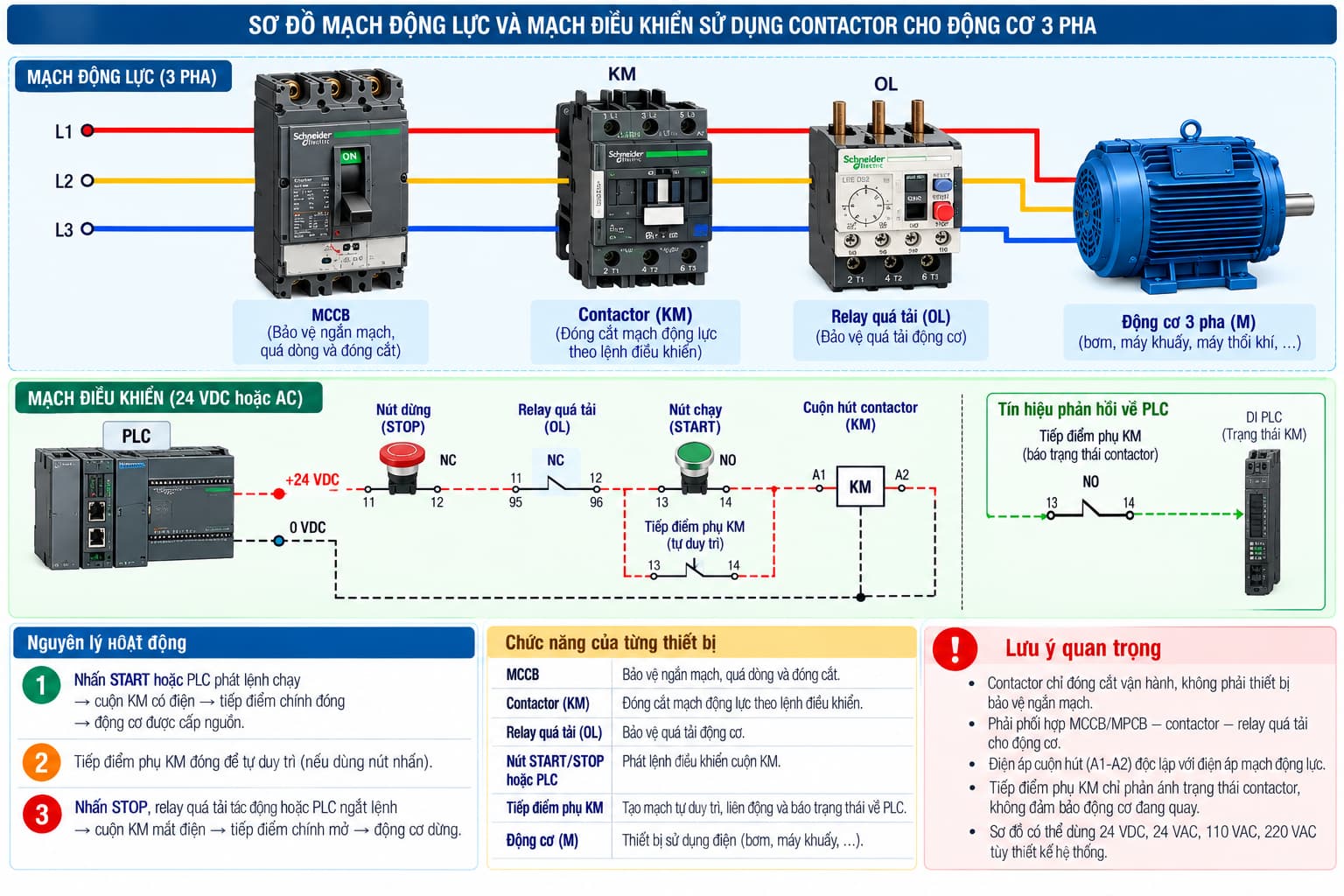 Chức năng của contactor trong mạch động lực và mạch điều khiển động cơ.
