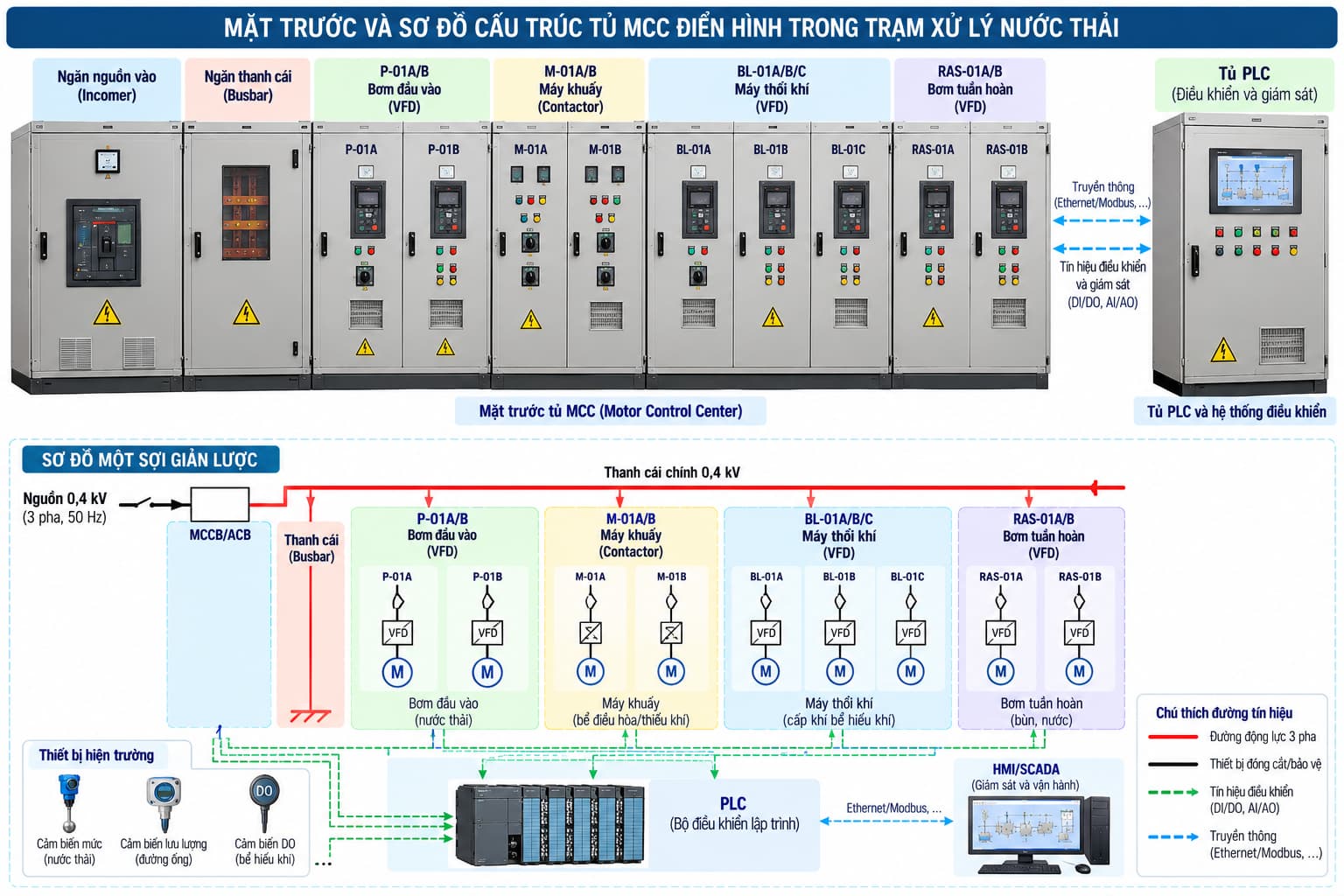 Cấu trúc tủ MCC điển hình cho các động cơ trong trạm xử lý nước thải.