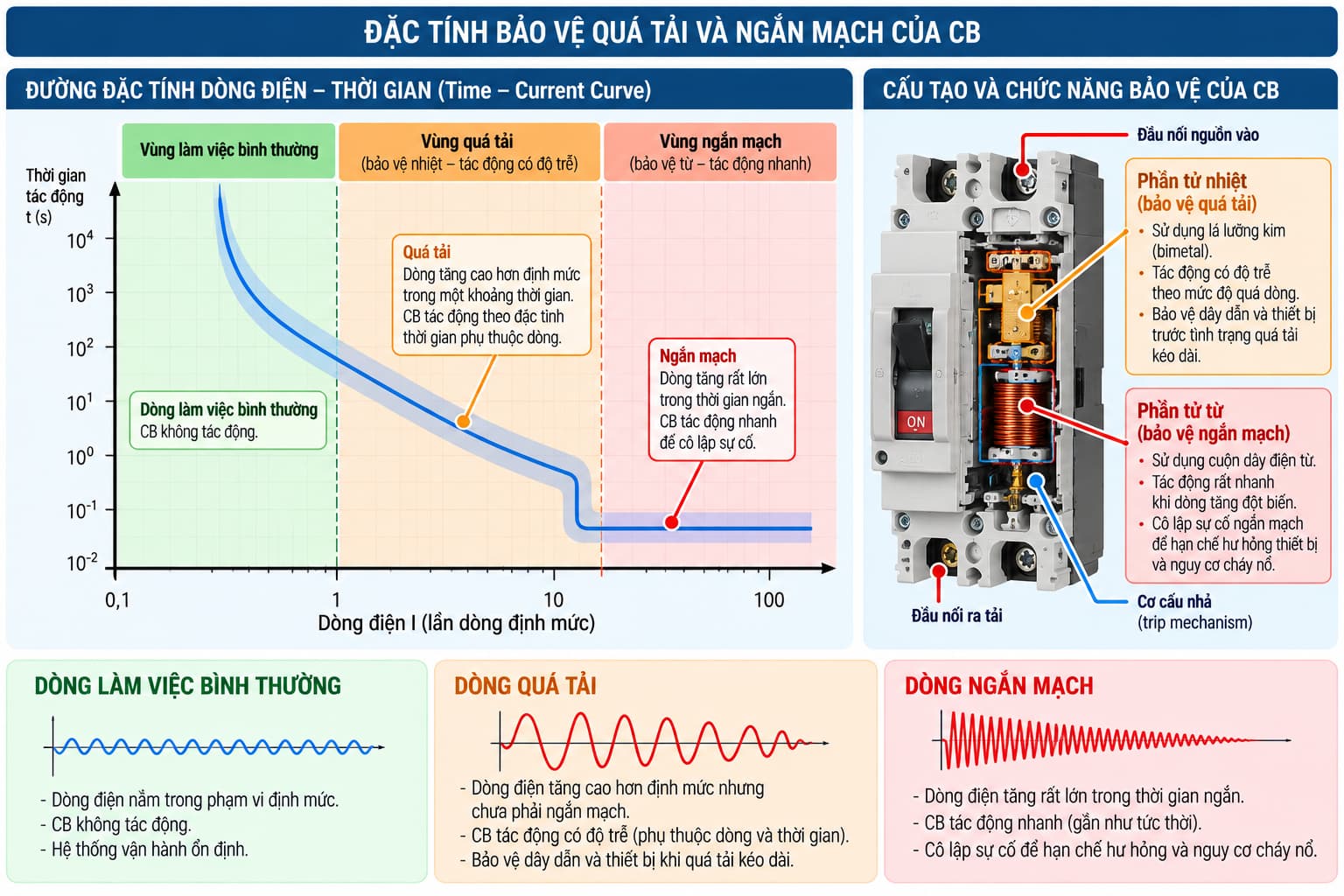 Phân biệt dòng làm việc, quá tải và ngắn mạch trong chức năng bảo vệ của CB