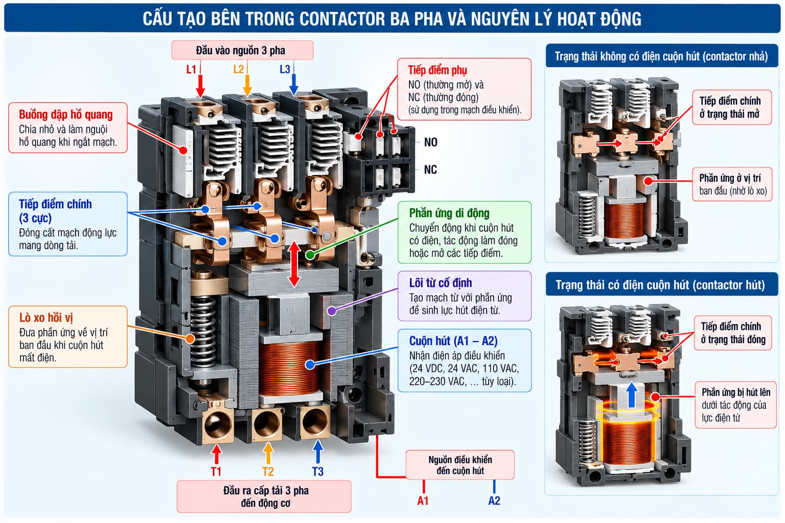 Cấu tạo và các bộ phận chính của contactor điện từ ba pha