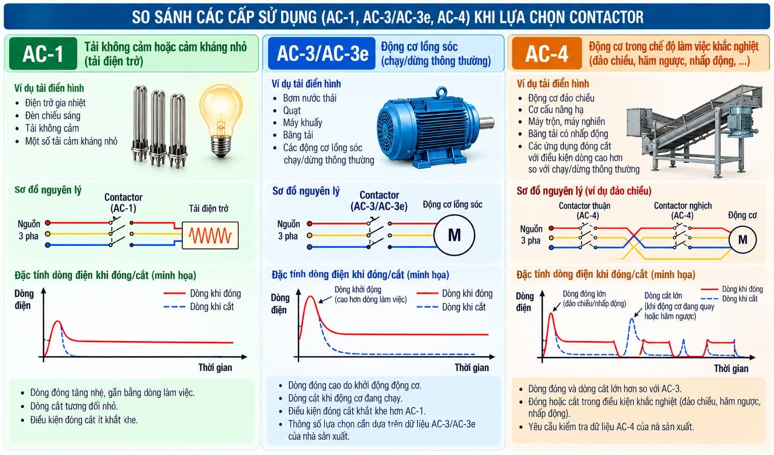 So sánh cấp sử dụng AC-1, AC-3 và AC-4 khi lựa chọn contactor