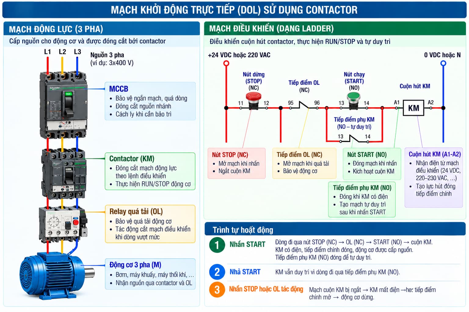 Mạch động lực và mạch điều khiển contactor trong khởi động trực tiếp DOL