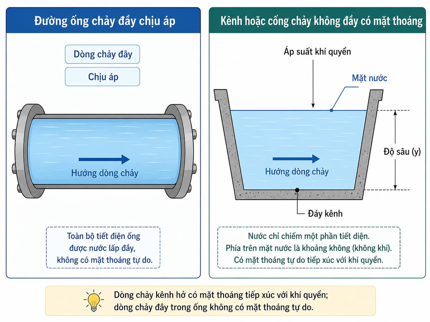 Phân biệt dòng chảy kênh hở và dòng chảy đầy trong đường ống